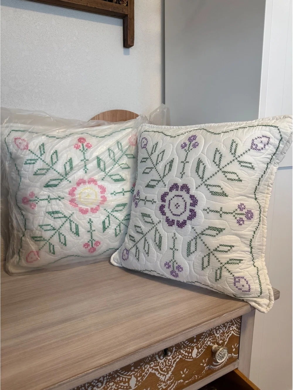 Pair of Vintage Floral Embroidered Decorative Throw Pillows